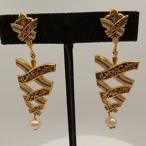 Damascene Filigree ScrewbackDrop Earrings w/ Faux Pearl Accent - Women Jewelry